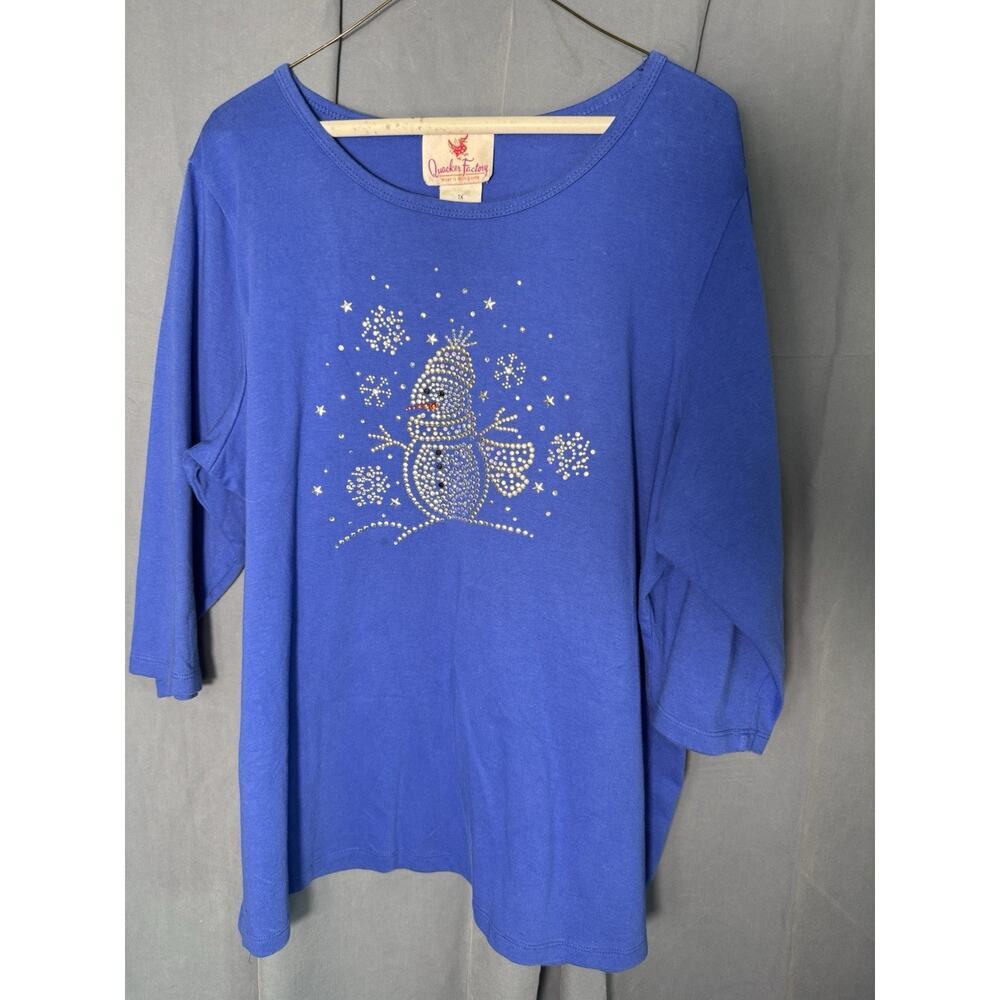 Quacker Factory Blue Christmas Top Women’s 1X – Rhinestone Snowman Holiday Shirt
